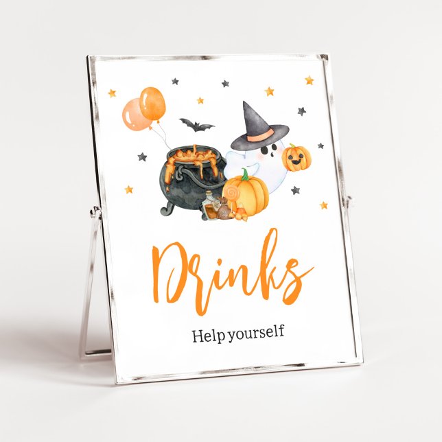 Orange Little Boo Ghost Baby Shower Drinks Poster (Ghost Halloween Baby Shower Drinks Sign)