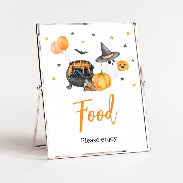 Orange Little Boo Ghost Baby Shower Food Poster (Ghost Halloween Baby Shower Food Sign)