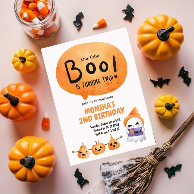 Orange Little Boo Two Ghost Halloween Birthday  Invitation (Creator Uploaded)