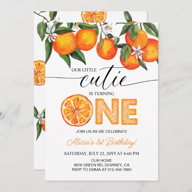 Orange Little Cutie Citrus 1st Birthday Party Invitation (Front/Back)