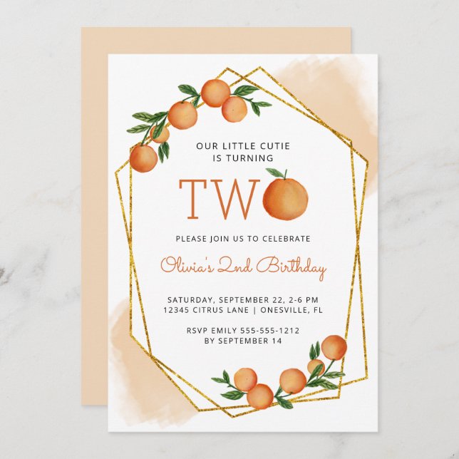 Orange Little Cutie Citrus 2nd Birthday Party Invitation (Front/Back)