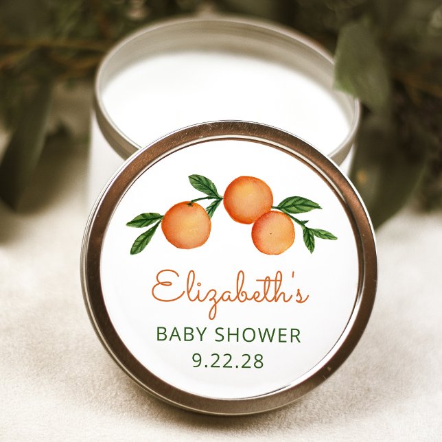 Orange Little Cutie Citrus Baby Shower Square Stic Classic Round Sticker (Creator Uploaded)