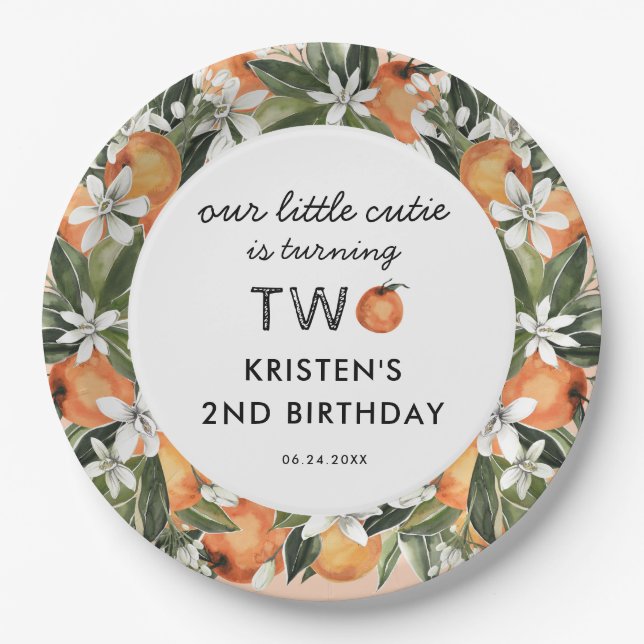 Orange Little Cutie Is Two 2nd Birthday Paper Plate (Front)