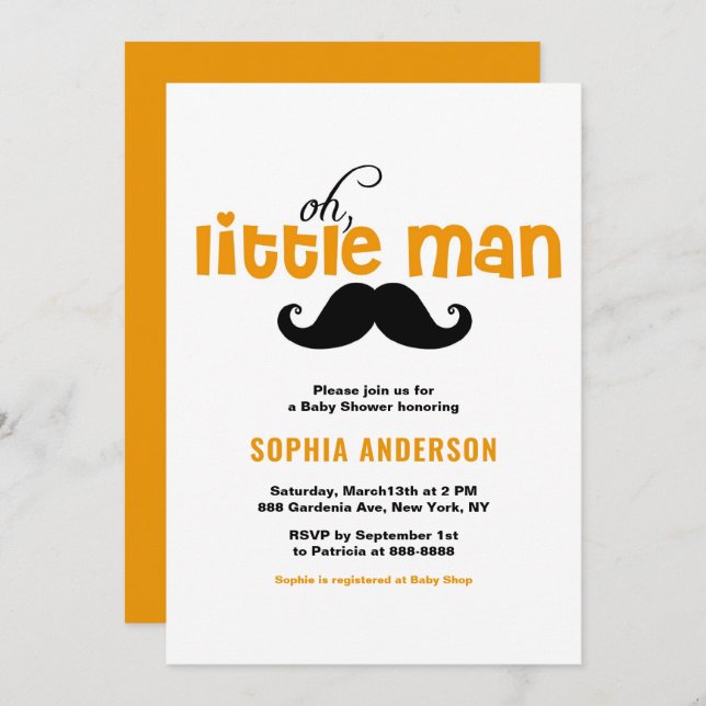 Orange Little Man Moustache Baby Shower Invitation (Front/Back)
