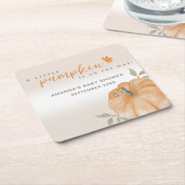 Orange Little Pumpkin Autumn Fall Baby Shower  Square Paper Coaster (Angled)