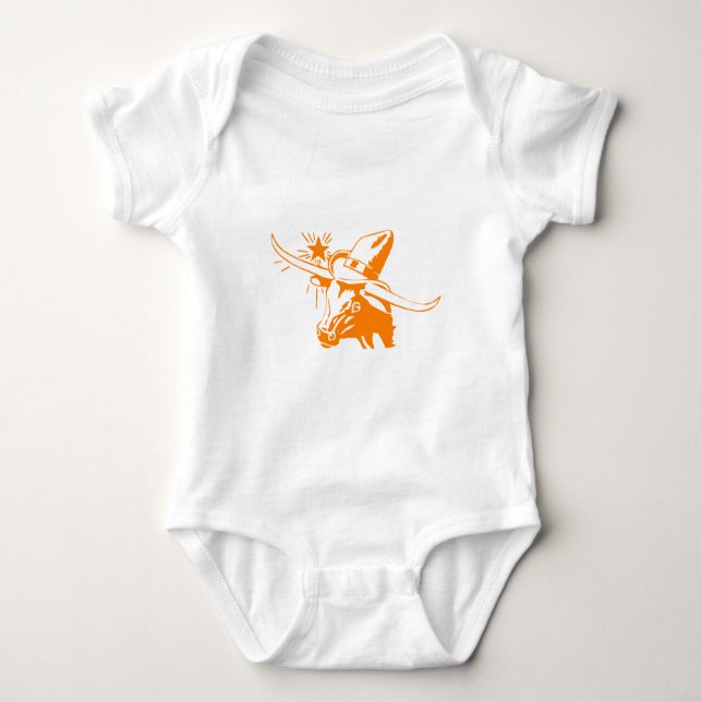 Orange Longhorn Steer with Cowboy Hat Baby Bodysuit (Front)