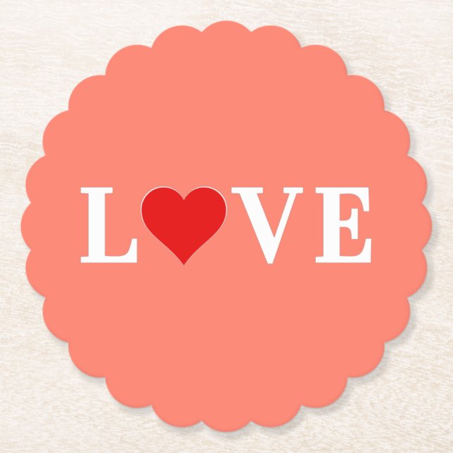 Orange LOVE and Heart Modern Eelegant Paper Coaster (Front)