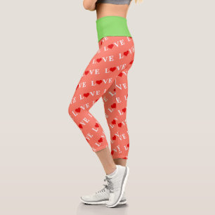 Orange LOVE and Red Heart Pattern Elegant Romantic Capri Leggings