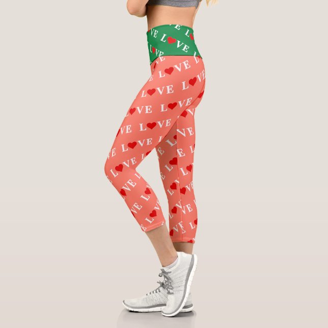 Orange LOVE and Red Heart Pattern Elegant Romantic Capri Leggings (Left)