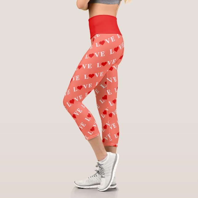 Orange LOVE and Red Heart Pattern Elegant Romantic Capri Leggings (Left)