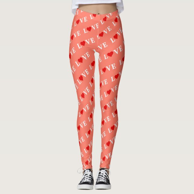 Orange LOVE and Red Heart Pattern Elegant Romantic Leggings (Front)