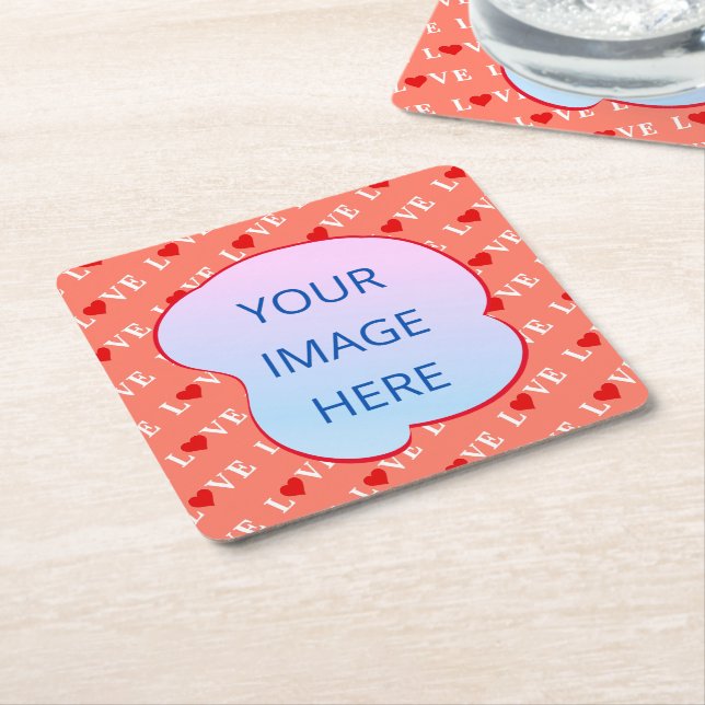 Orange LOVE Heart Square Paper Coaster (Angled)