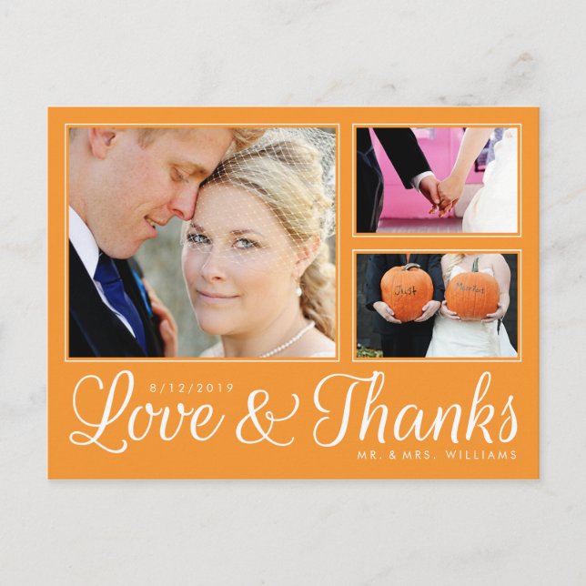Orange Love Thanks Wedding 3 Photo Modern Postcard (Front)
