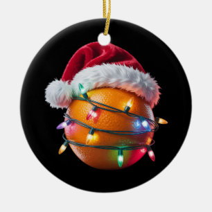Orange Lover Fruit Christmas Lights Santa Hat  Ceramic Ornament