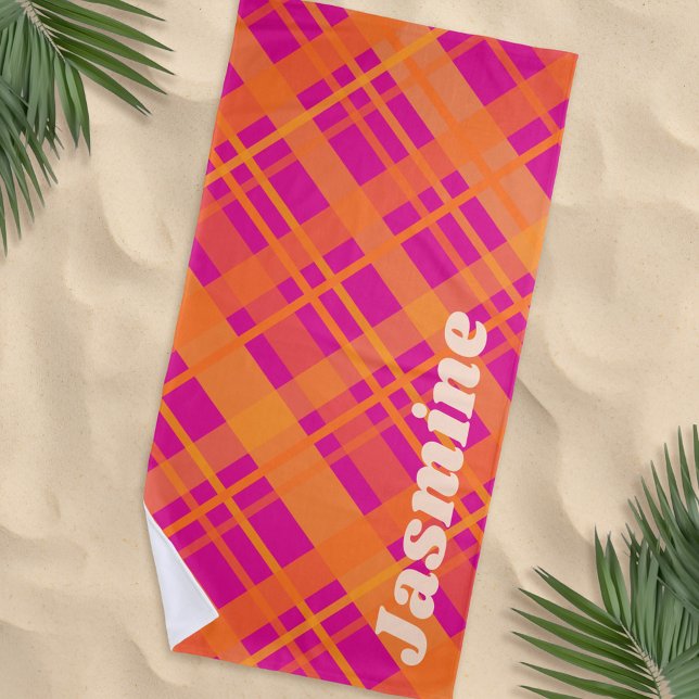 Orange magenta plaid pattern custom name beach towel (Creator Uploaded)