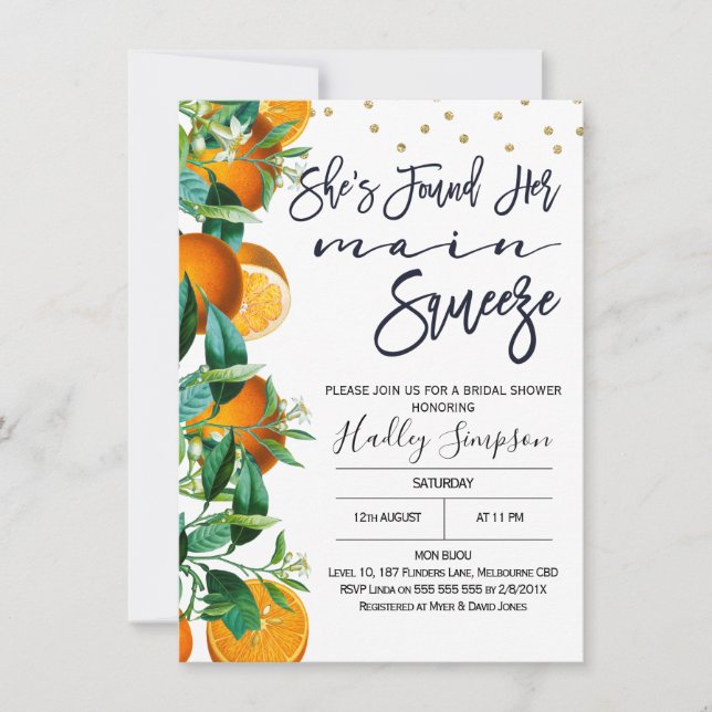 Orange Main Squeeze Bridal Shower Invitation (Front)