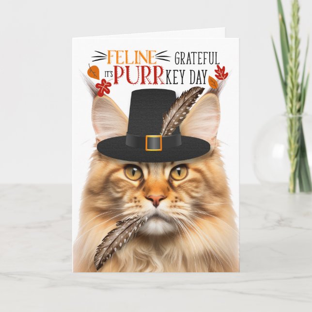 Orange Maine Coon Cat Grateful for PURRkey Day Holiday Card (Front)