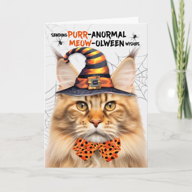 Orange Maine Coon Cat PURRanormal MEOWolween Holiday Card (Front)