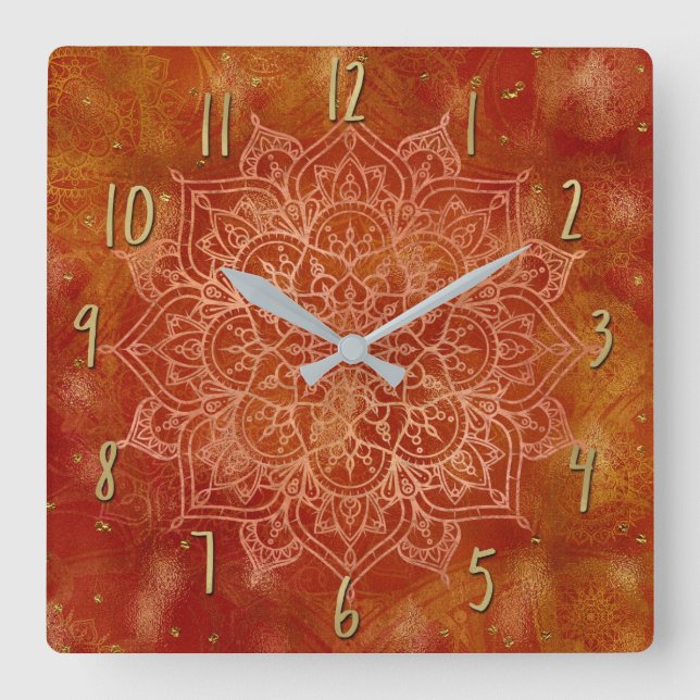 Orange Mandala & Gold Glam Modern Chic Square Wall Clock (Front)
