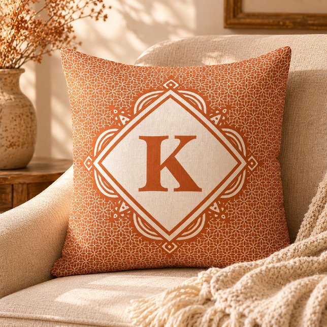 Orange Mandala Monogrammed Throw Pillow (Orange Mandala Throw Pillow)