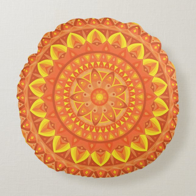 Orange Mandala Warm Boho Cosy Vibrant Pattern Round Cushion (Front)
