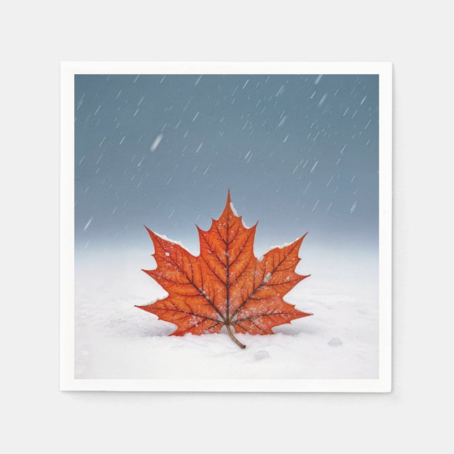 Orange Maple Leaf On Fresh Snow  Napkin (Front)
