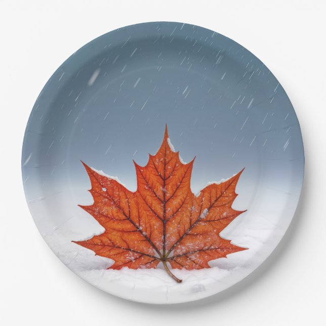 Orange Maple Leaf On Fresh Snow  Paper Plate (Front)