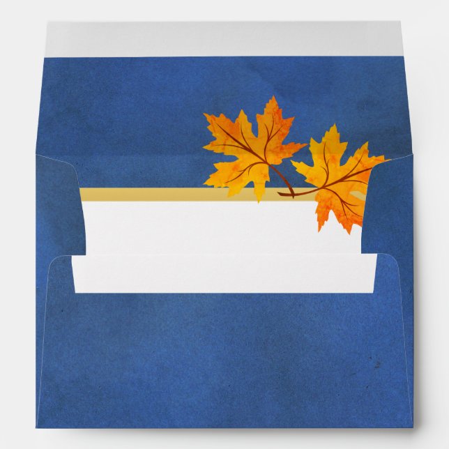 Orange maple leaves on blue rustic beach wedding envelope (Back (Bottom))