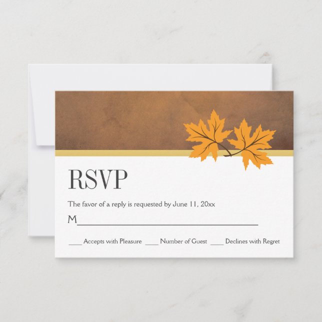 Orange maple leaves on brown paper RSVP wedding Card (Front)