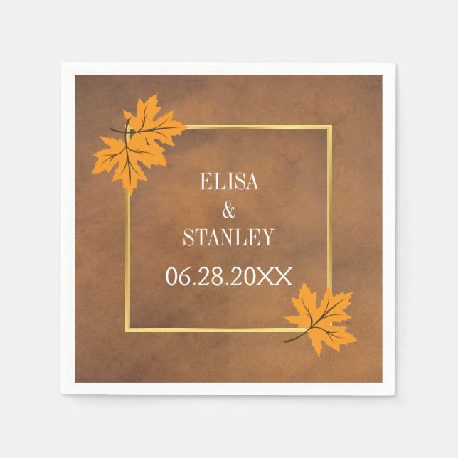 Orange maple leaves on brown rustic wedding napkin (Front)