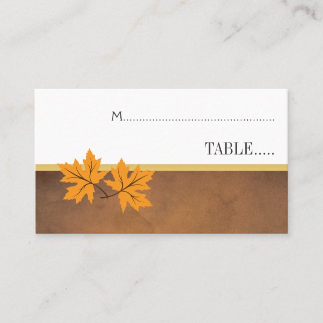 Orange maple leaves on brown wedding escort card (Front)