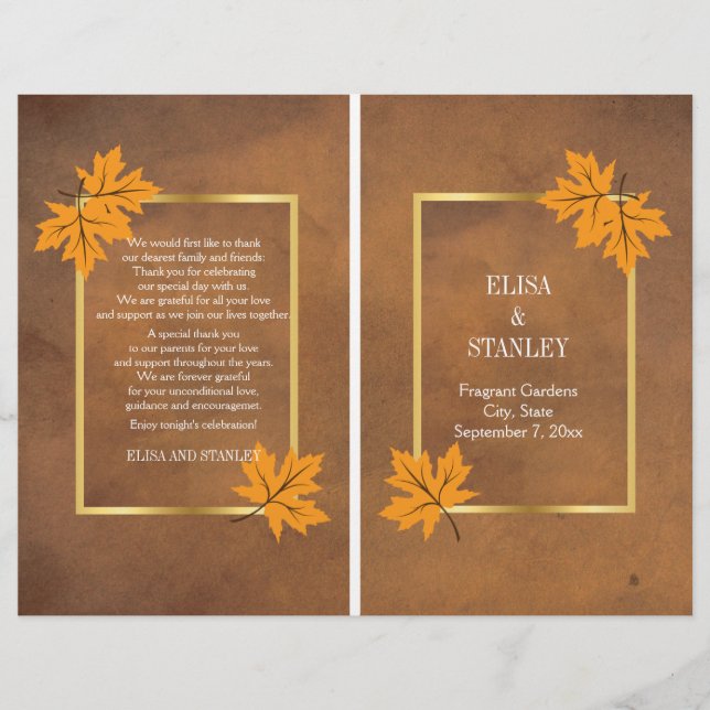 Orange maple leaves on brown wedding program (Front)