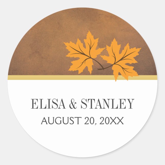 Orange maple leaves on brown wedding Save the Date Classic Round Sticker (Front)