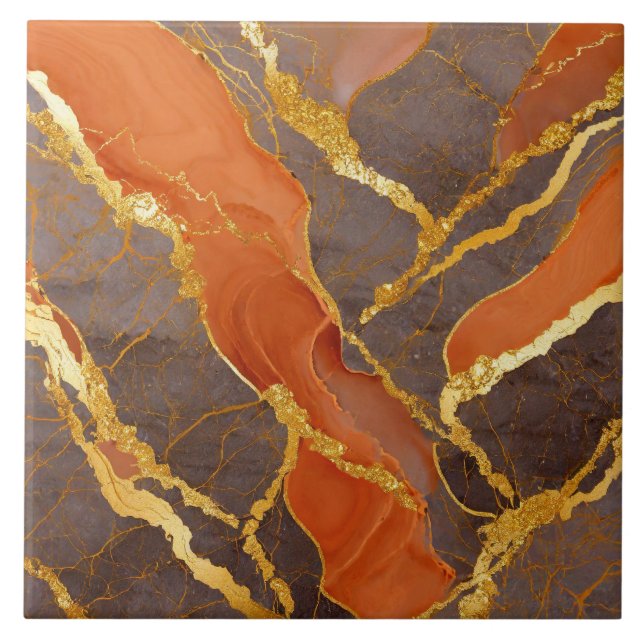 Orange Marble Pattern with Gold Ceramic Tile (Front)