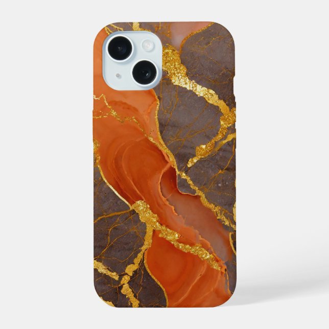Orange Marble Pattern with Gold iPhone 15 Case (Back)