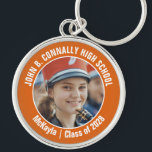 Orange Marching Band Photo High School Spirit Key Ring<br><div class="desc">This cool customised high school marching band photo features white typography of your team and player name on an orange brag keychain for parents. Personalise with your student's photograph and class year as a proud parent. A mum and dad can take these to competition and games.</div>