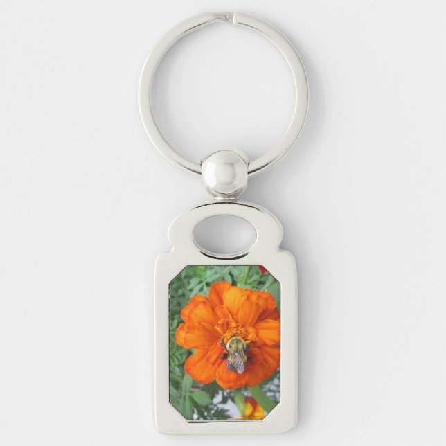 Orange Marigold Bee Flower Key Ring (Front)