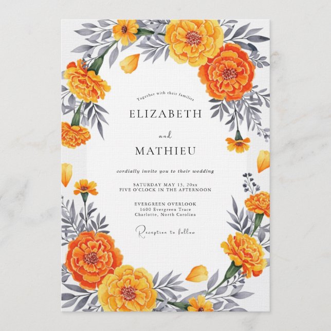 Orange Marigold Bloom Romantic Wedding Invitation (Front)