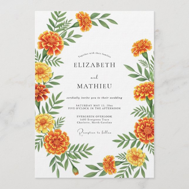 Orange Marigold Botanical Wedding Invitation (Front)