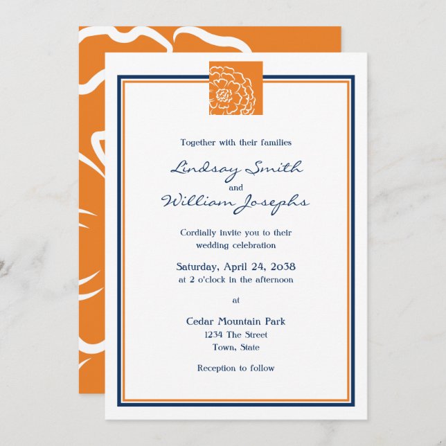 Orange Marigold Flower Floral and Blue Wedding Invitation (Front/Back)