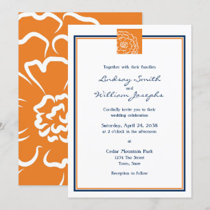 Orange Marigold Flower Floral and Blue Wedding Invitation