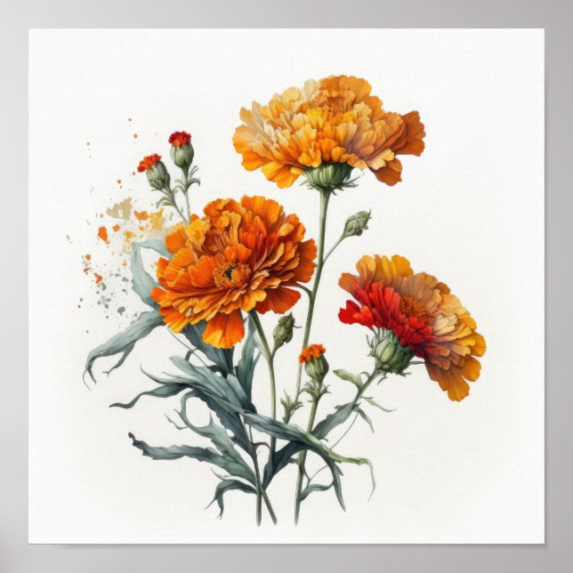 Orange Marigold Flowers Art Print Poster (Front)