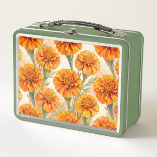 Orange marigold flowers pattern metal lunch box