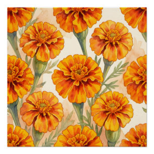 Orange marigold flowers pattern poster
