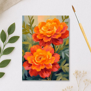 Orange Marigold Flowers Watercolor Botanical Postcard