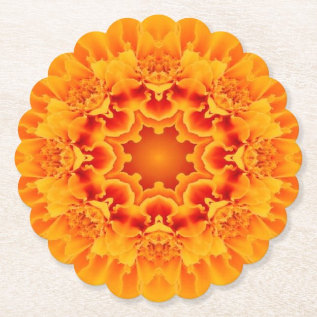 Orange Marigold Mandala Paper Coaster (Front)