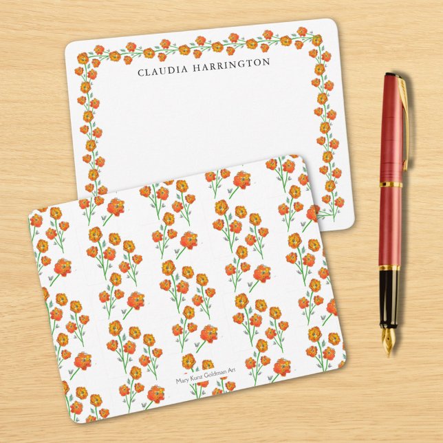 Orange Marigolds Hand-Illustrated Floral Botanical Card (The reverse of the card is my handcrafted marigold pattern. These cards are perfect for quick notes.)