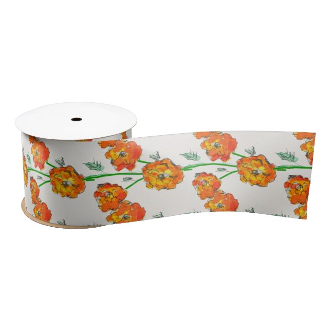 Orange Marigolds Hand-Illustrated Floral Botanical Satin Ribbon (Spool)