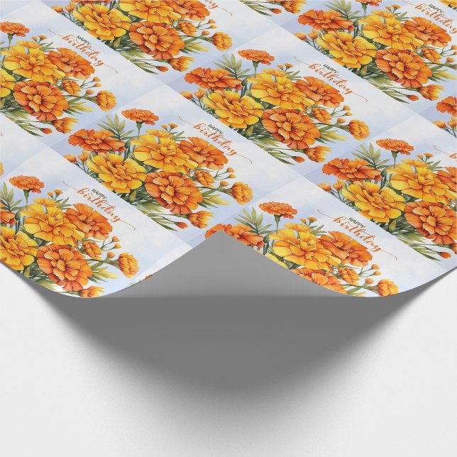 Orange Marigolds in Full Bloom Happy Birthday Wrapping Paper (Corner)