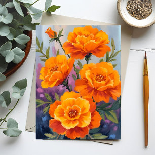 Orange Marigolds   October Flower Watercolor Postcard
